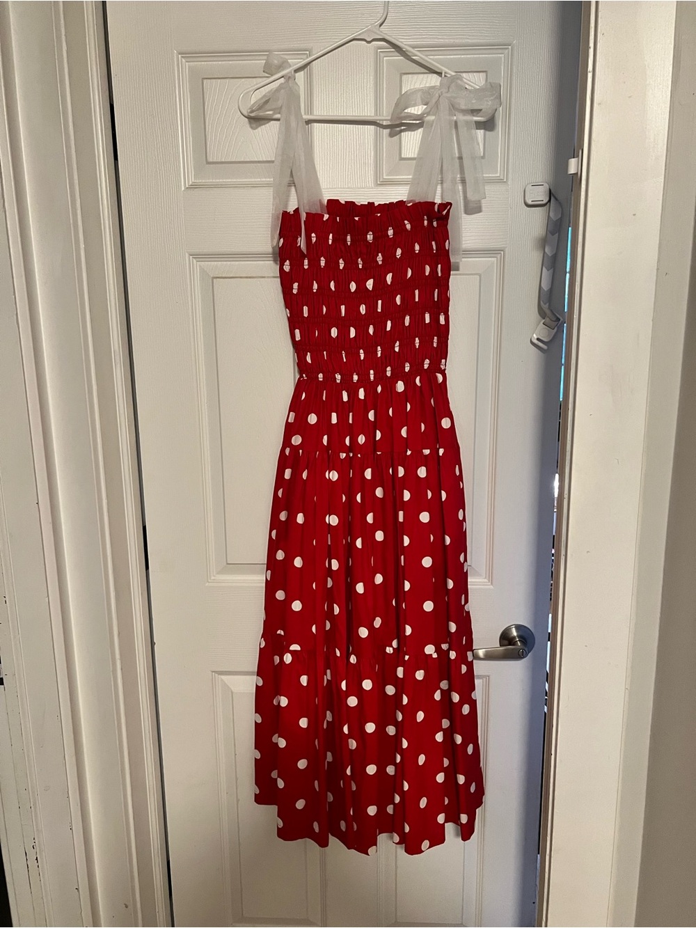 En Saison Red Polka Dot Midi Dress with Sheer Tie Straps